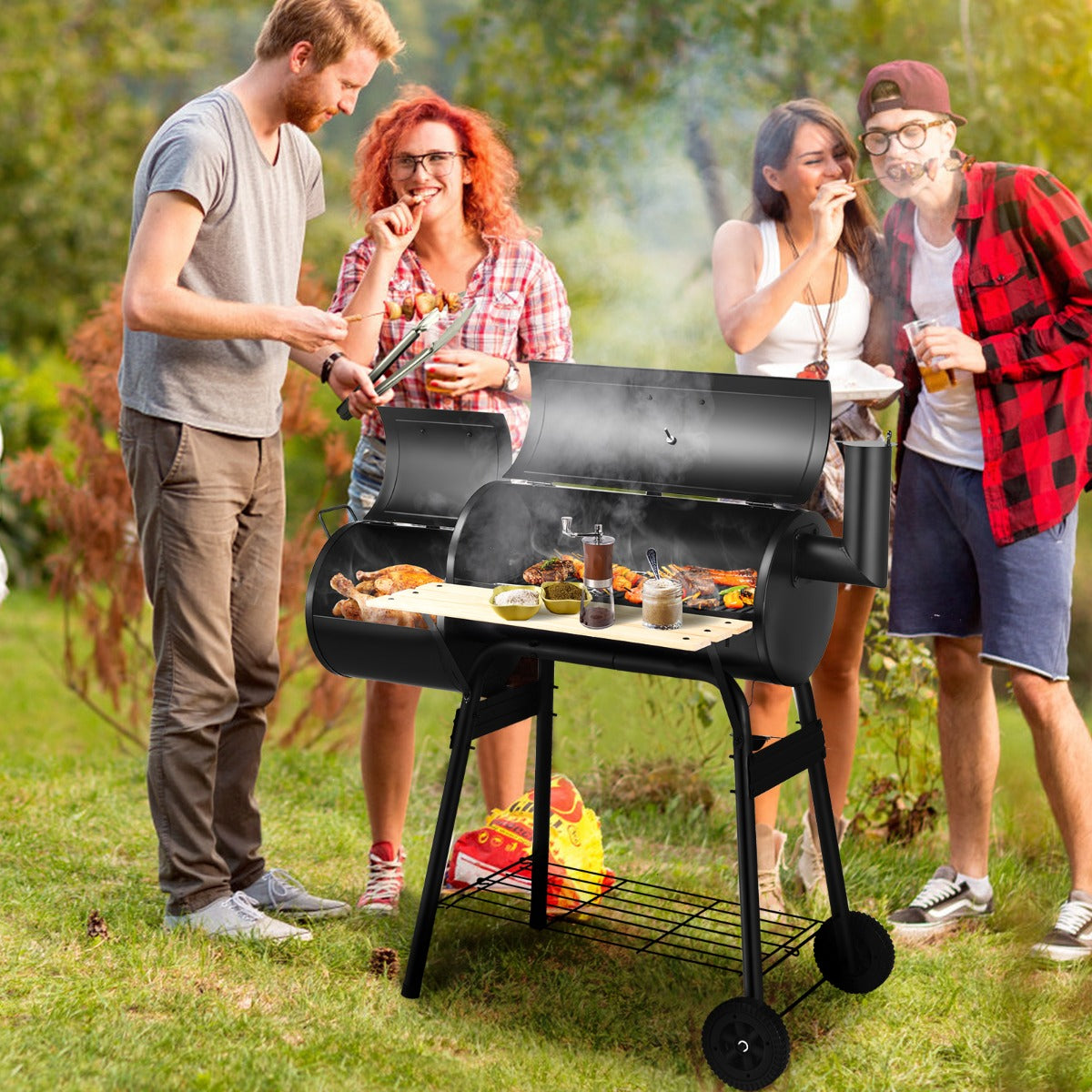 Barbecue a carbone con fumatore a offset, Cuoco per carne da barbecue con cassetto per fuoco laterale 115x65x108cm-Accessori per barbecue