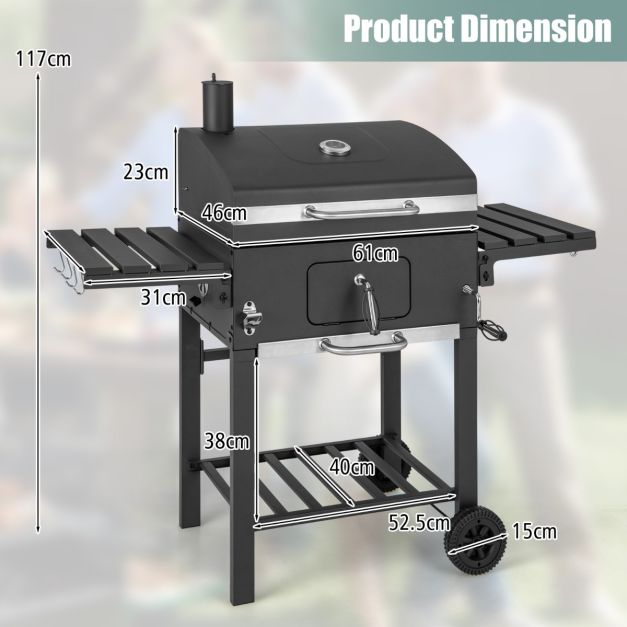 Barbecue a carbone per esterni barbecue a carbone portatile con 2 tavoli laterali pieghevoli 8 ganci 2 ruote apribottiglie per picnic campeggio patio nero 20_0005579