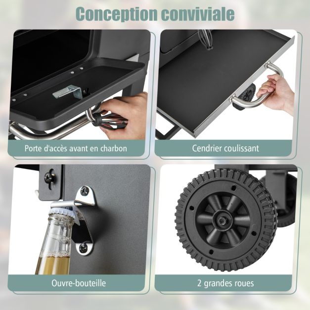 Barbecue a carbone per esterni barbecue a carbone portatile con 2 tavoli laterali pieghevoli 8 ganci 2 ruote apribottiglie per picnic campeggio patio nero 20_0005579