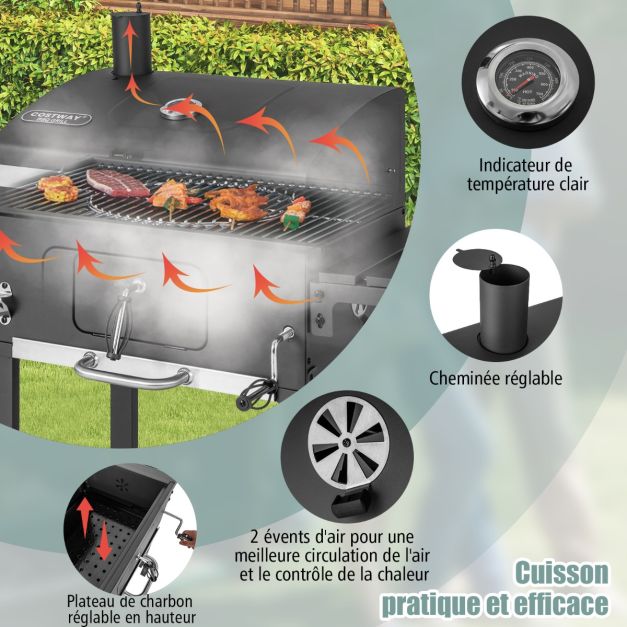 Barbecue a carbone per esterni barbecue a carbone portatile con 2 tavoli laterali pieghevoli 8 ganci 2 ruote apribottiglie per picnic campeggio patio nero 20_0005579
