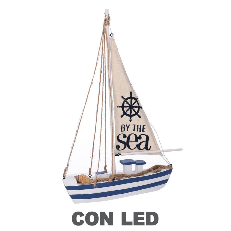 Barca legno con led naturale e blu cm 25x6h38