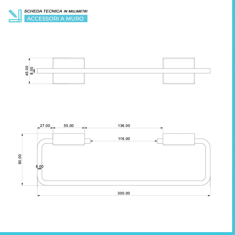 Barra porta salviette a muro in acciaio cromo da 30 cm Velvet