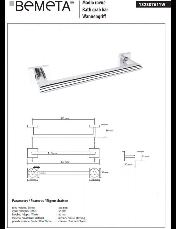 Maniglione doccia BETA in ottone cromato 35,5x8x5,5 cm