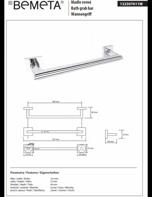 Maniglione doccia BETA in ottone cromato 35,5x8x5,5 cm