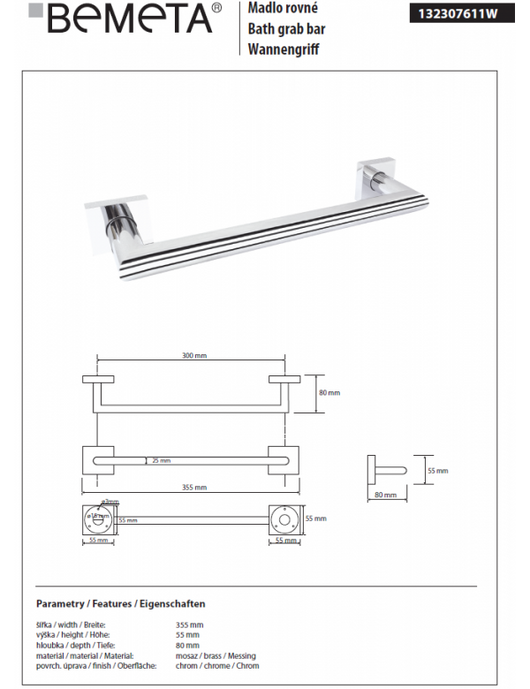 Maniglione doccia BETA in ottone cromato 35,5x8x5,5 cm
