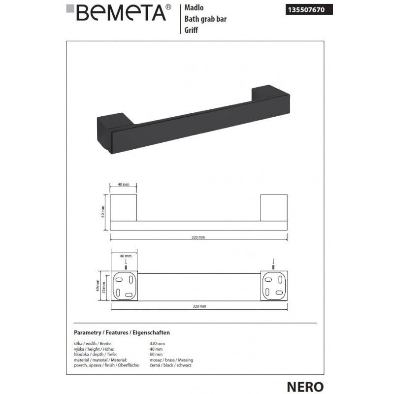 Maniglione doccia NERO in ottone nero 32 x4 x6 cm