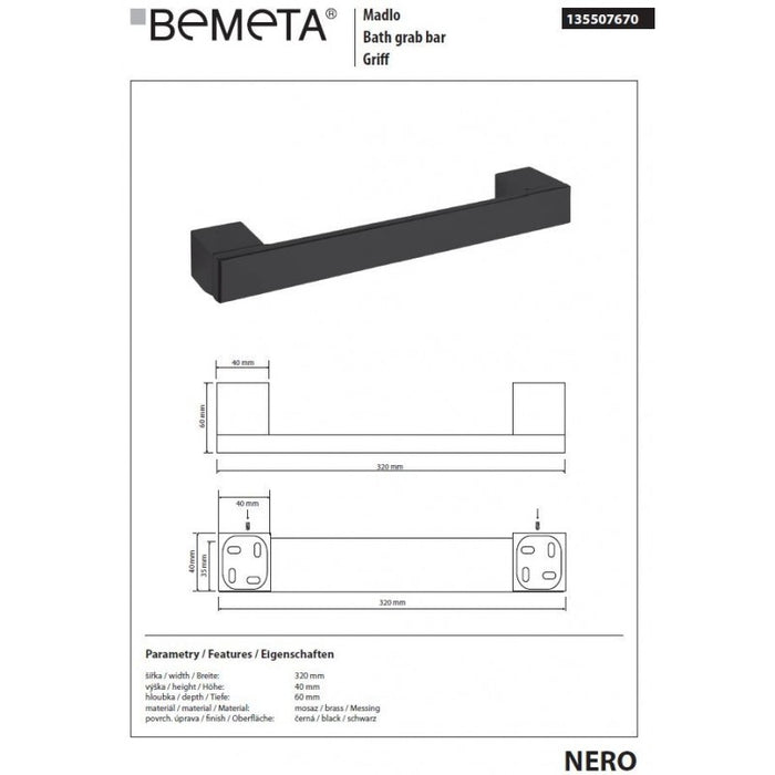 Maniglione doccia NERO in ottone nero 32 x4 x6 cm