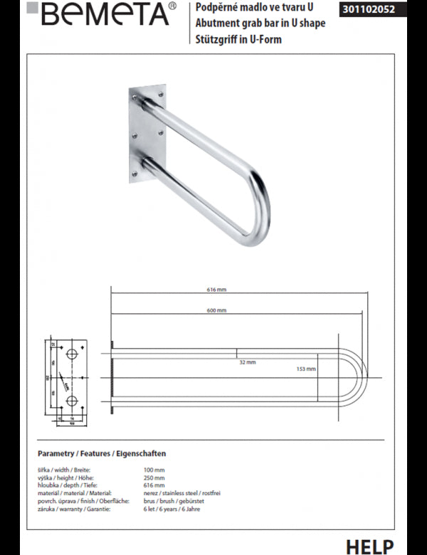Maniglione di sollevamento a forma di U HELP 600 in acciaio satinato 61x25x10cm