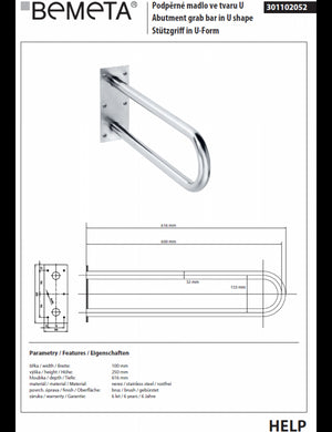Maniglione di sollevamento a forma di U HELP 600 in bianco 60x25x10cm