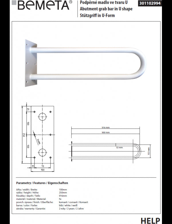Barra di sollevamento per doccia a forma di U HELP 900 bianca 90x25x10cm