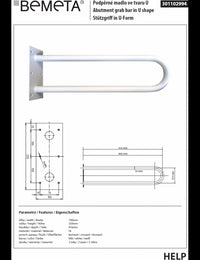 Barra di sollevamento per doccia a forma di U HELP 900 bianca 90x25x10cm