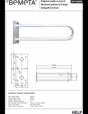Barra di sollevamento per doccia a forma di U HELP 900 bianca 90x25x10cm