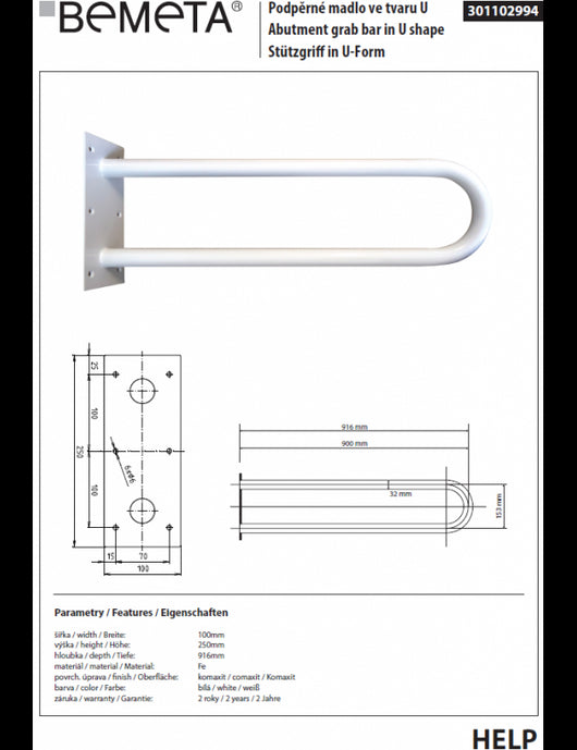 Barra di sollevamento per doccia a forma di U HELP 900 bianca 90x25x10cm
