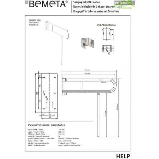 Maniglione di sollevamento a forma di U HELP 61.60 x h 80cm + gamba di supporto