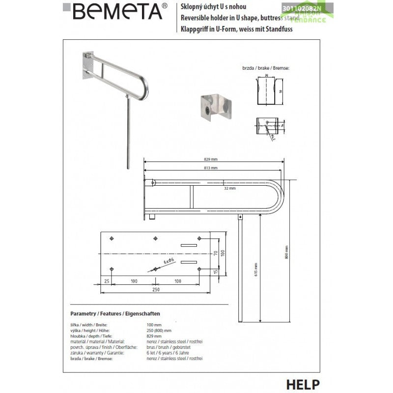 Maniglione di sollevamento U 813+gamba di supporto HELP 10x25/80 x81,3cm
