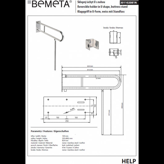Maniglione di sollevamento U+gamba di supporto HELP 813 in acciaio inox. 81,3x80cm