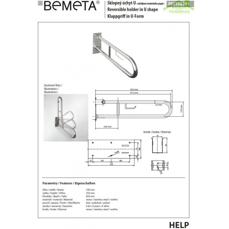 Maniglione U HELP 813 in acciaio satinato e supp. carta igienica 82,9 cm