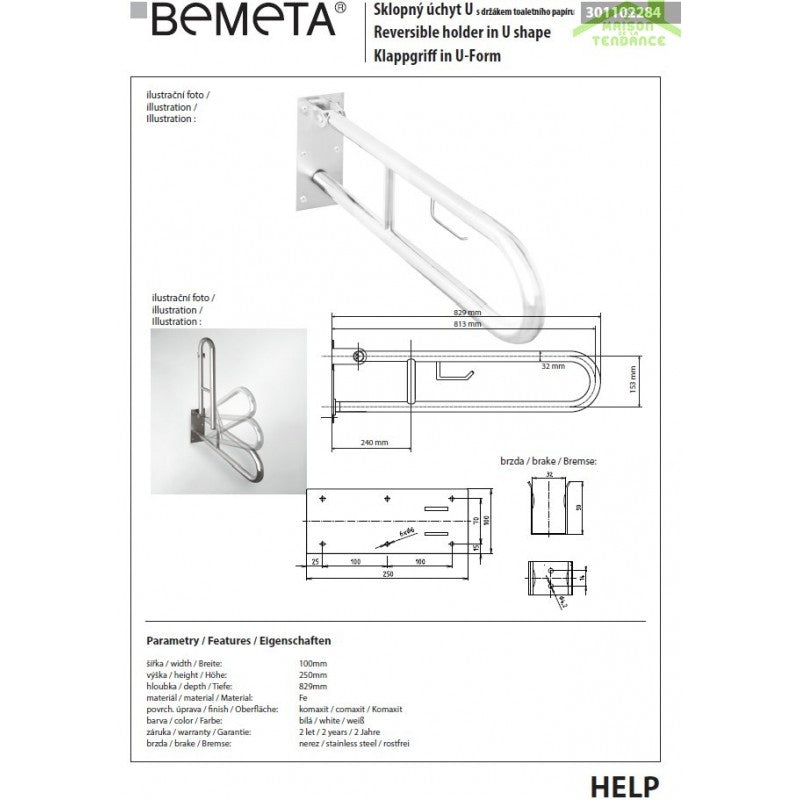 Maniglione U HELP 813 in bianco & supp. carta igienica 10x25x82,9cm