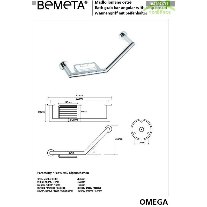 Maniglione angolato con portasapone OMEGA ottone cromato 40x25x13cm