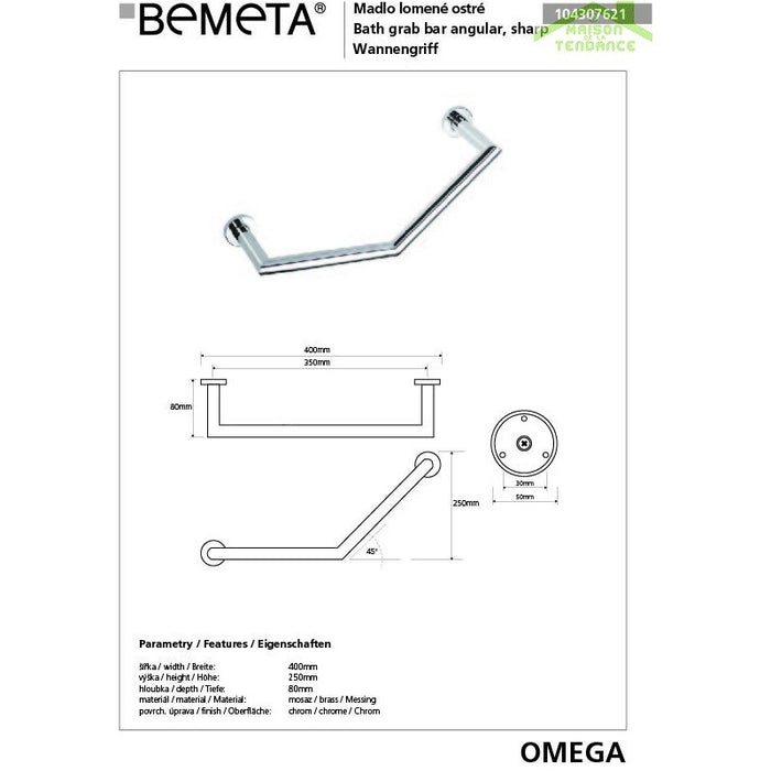 Maniglione angolato OMEGA ottone cromato 40x25x8cm