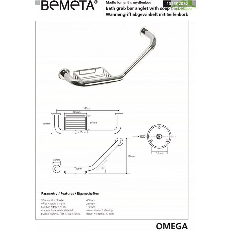 Maniglione doccia angolato OMEGA in ottone cromato 40,5x25x8cm