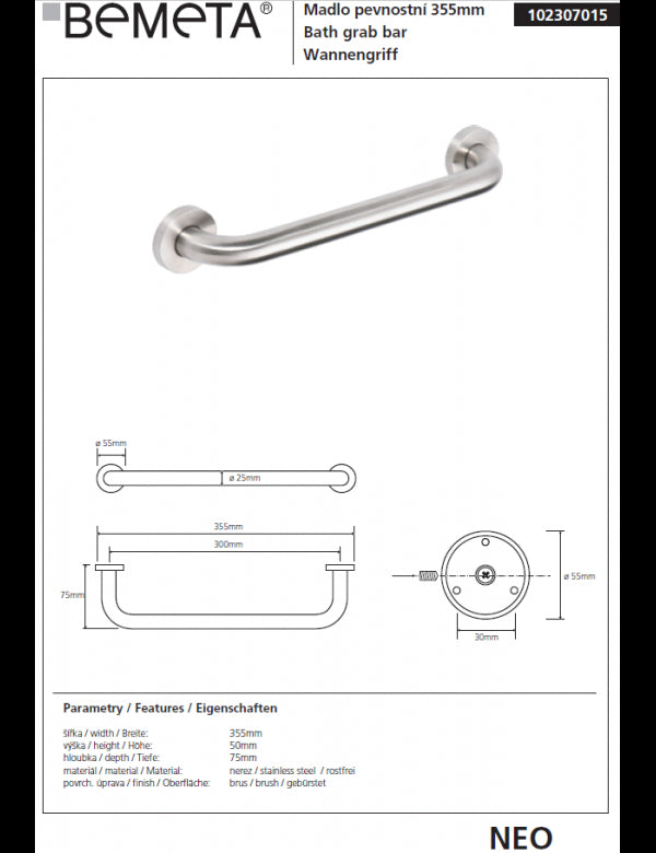 NEO Maniglione doccia in acciaio inox 35,5x7x5,5cm