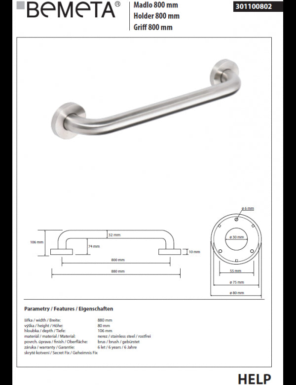 Maniglione doccia HELP 800 in acciaio spazzolato 88x8x10,6cm