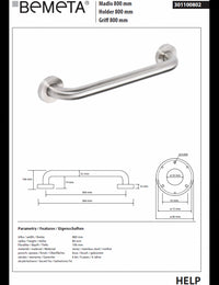 Maniglione doccia HELP 800 in acciaio spazzolato 88x8x10,6cm