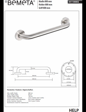 Maniglione doccia HELP 800 in acciaio spazzolato 88x8x10,6cm
