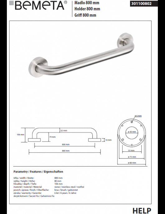 Maniglione doccia HELP 800 in acciaio spazzolato 88x8x10,6cm