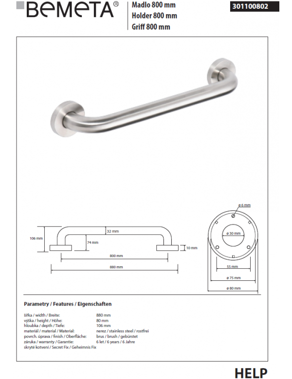 Maniglione doccia HELP 800 in acciaio spazzolato 88x8x10,6cm