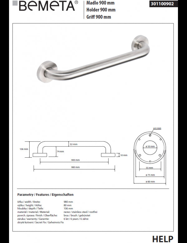 Maniglione doccia HELP 900 in acciaio satinato 98x8x10,6cm