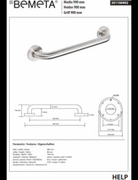 Maniglione doccia HELP 900 in acciaio satinato 98x8x10,6cm
