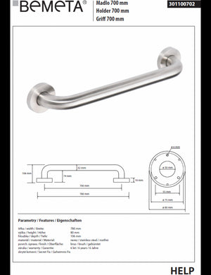Maniglione doccia HELP 700 in acciaio spazzolato 78x8x10,6cm