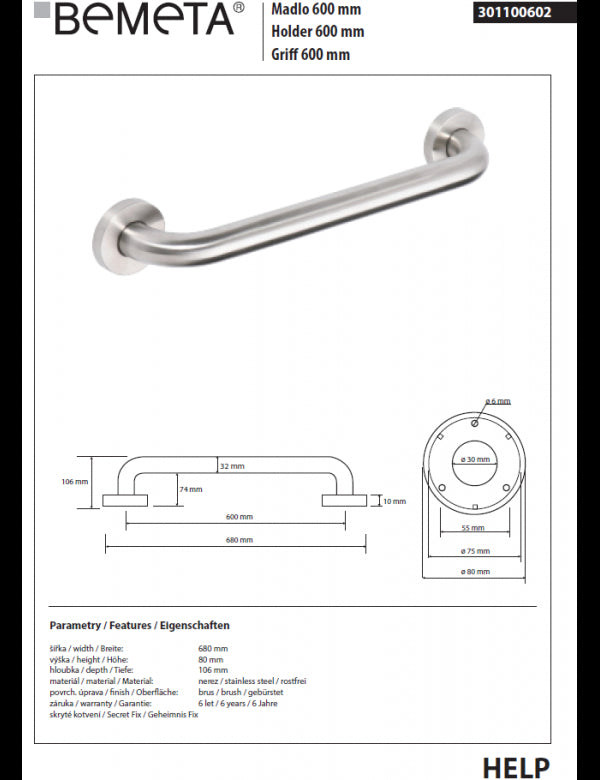 Maniglione doccia HELP 600 in acciaio spazzolato 68x8x10,6cm