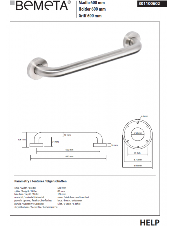 Maniglione doccia HELP 600 in acciaio spazzolato 68x8x10,6cm