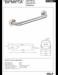 Maniglione doccia HELP 600 in acciaio spazzolato 68x8x10,6cm
