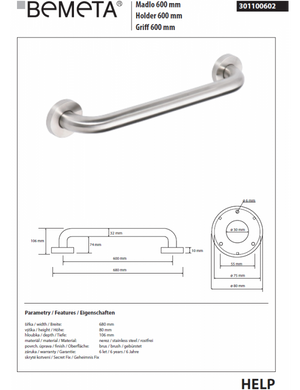 Maniglione doccia HELP 600 in acciaio spazzolato 68x8x10,6cm