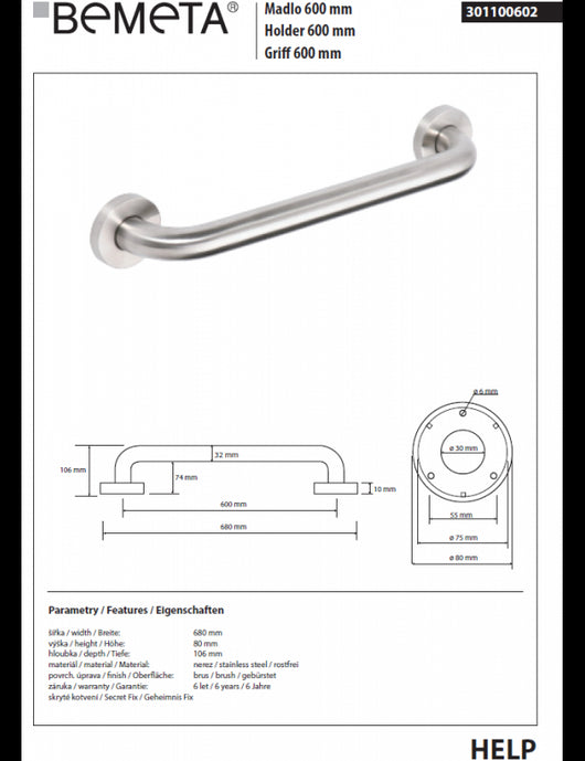 Maniglione doccia HELP 600 in acciaio spazzolato 68x8x10,6cm