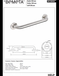 Maniglione doccia HELP 500 in acciaio spazzolato 58x8x10,6cm