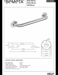 Maniglione doccia HELP 400 in acciaio satinato 48x8x10,6cm
