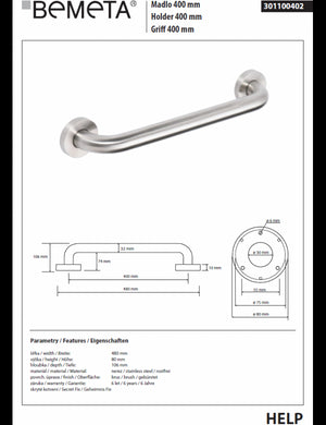 Maniglione doccia HELP 400 in acciaio satinato 48x8x10,6cm