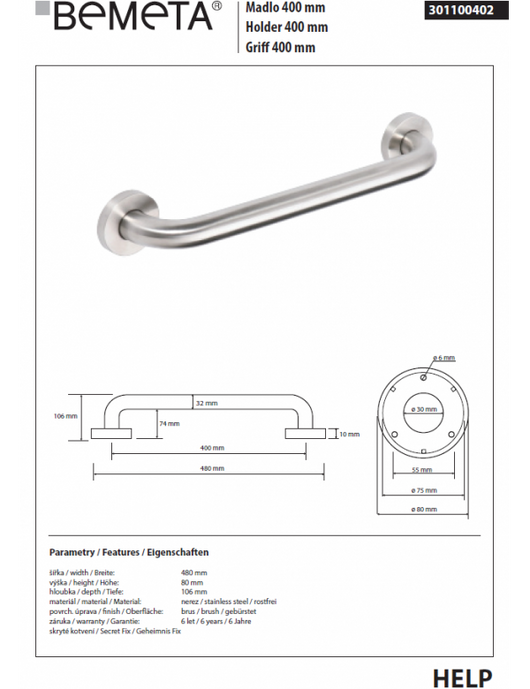 Maniglione doccia HELP 400 in acciaio satinato 48x8x10,6cm