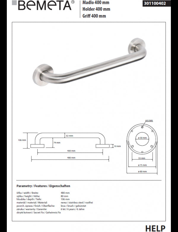 Maniglione doccia HELP 400 in acciaio satinato 48x8x10,6cm