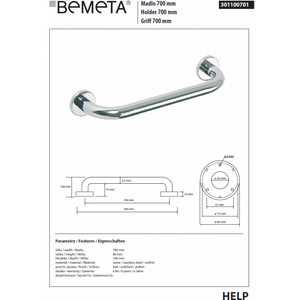 HELP 700 Maniglione per doccia in acciaio inox 78x8x10,6 cm