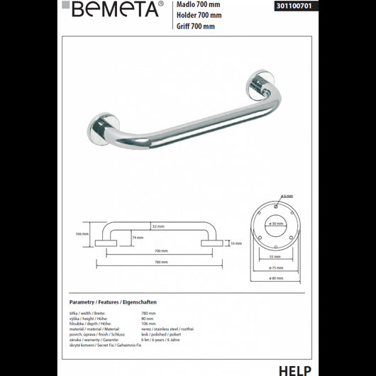 HELP 700 Maniglione per doccia in acciaio inox 78x8x10,6 cm