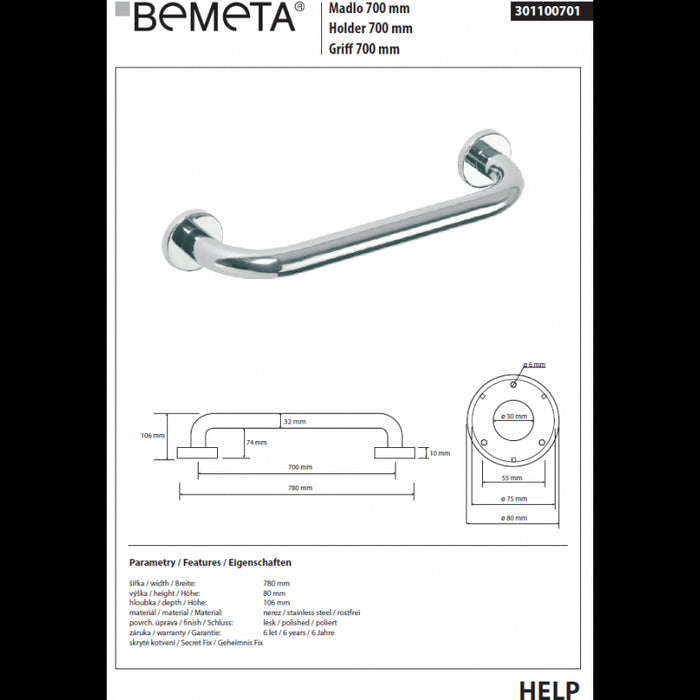 HELP 700 Maniglione per doccia in acciaio inox 78x8x10,6 cm
