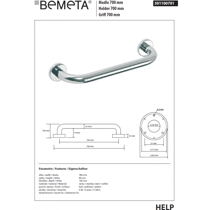 HELP 700 Maniglione per doccia in acciaio inox 78x8x10,6 cm