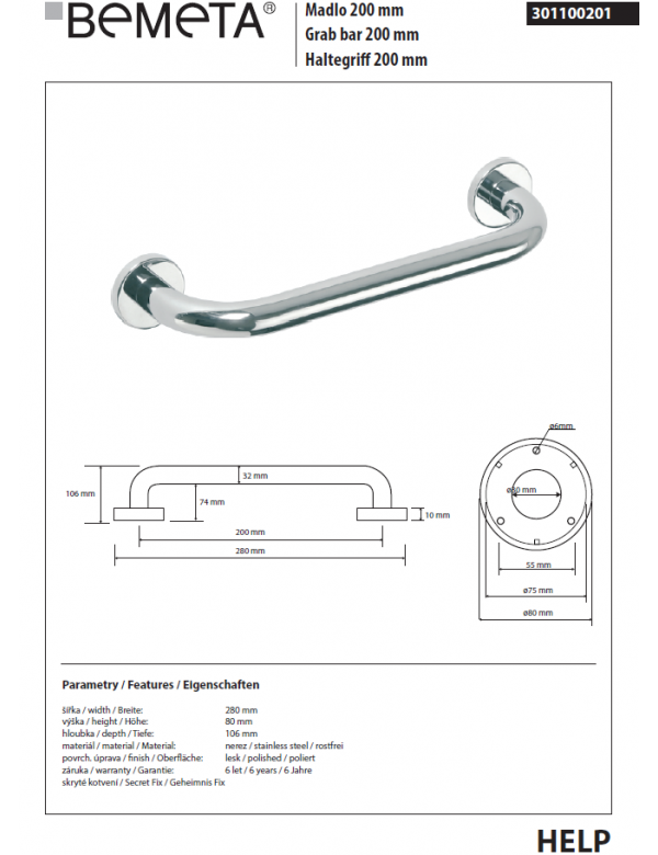 HELP 200 Maniglione per doccia in acciaio inox 28x8x10,6 cm