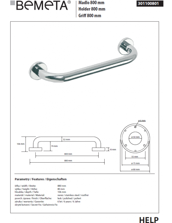 HELP 800 Maniglione per doccia in acciaio inox 88x8x10,6 cm